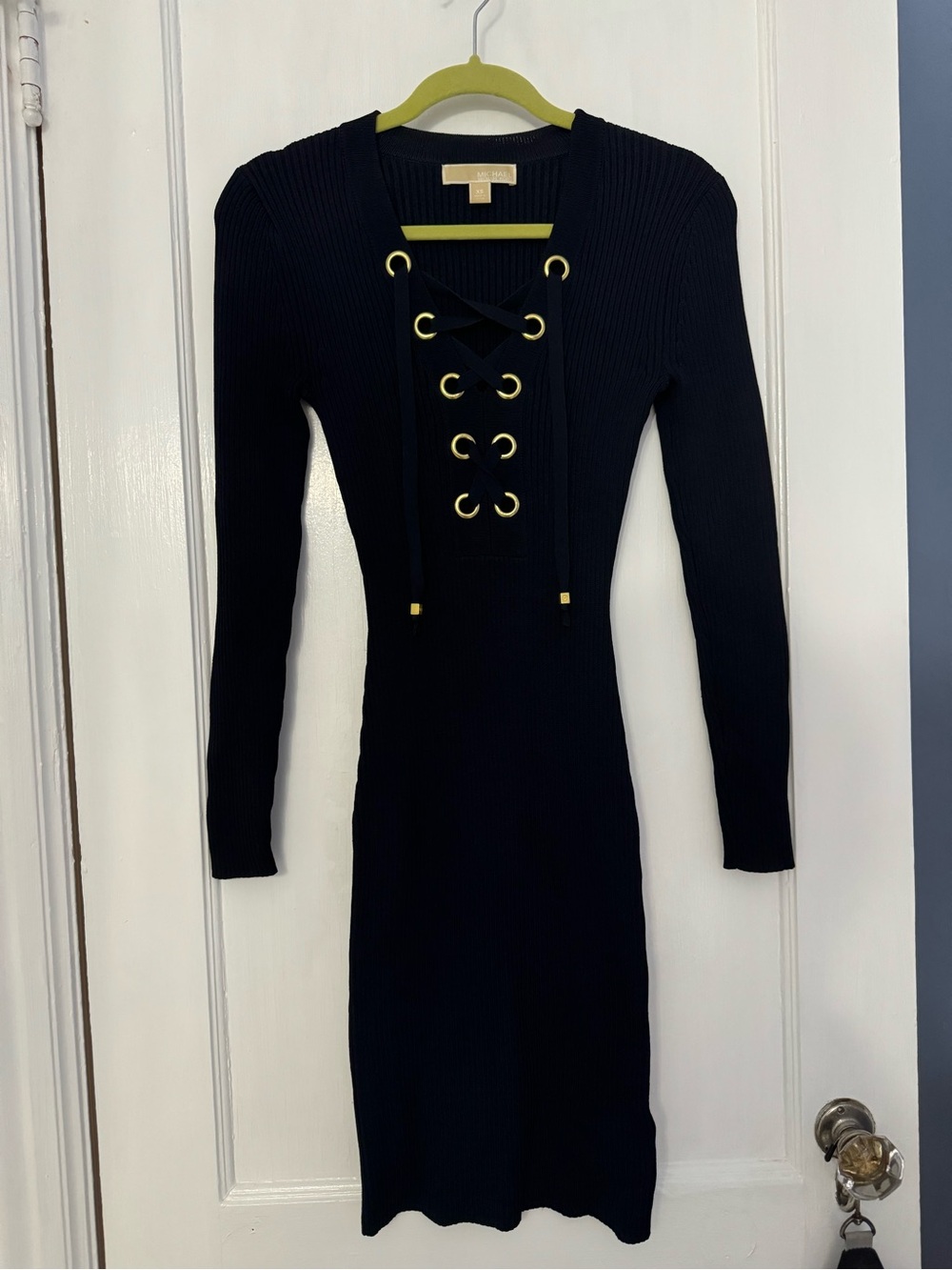Michael Kors Black Ribbed Lace-Up Long Sleeve Dress
